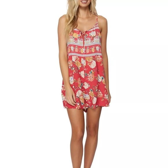 NEW Size L O'Neill Liame Juniors Printed Romper in Chrysanthemum Red MSRP $50 - Picture 1 of 6